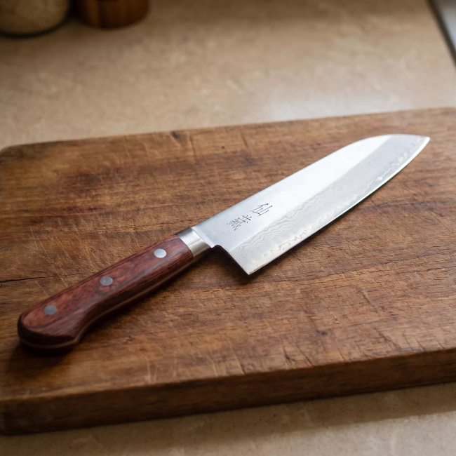 Suncraft Clad Nóż Santoku 16.7 cm ze Stali San Mai / AUS10, Rękojeść Pakka Wood