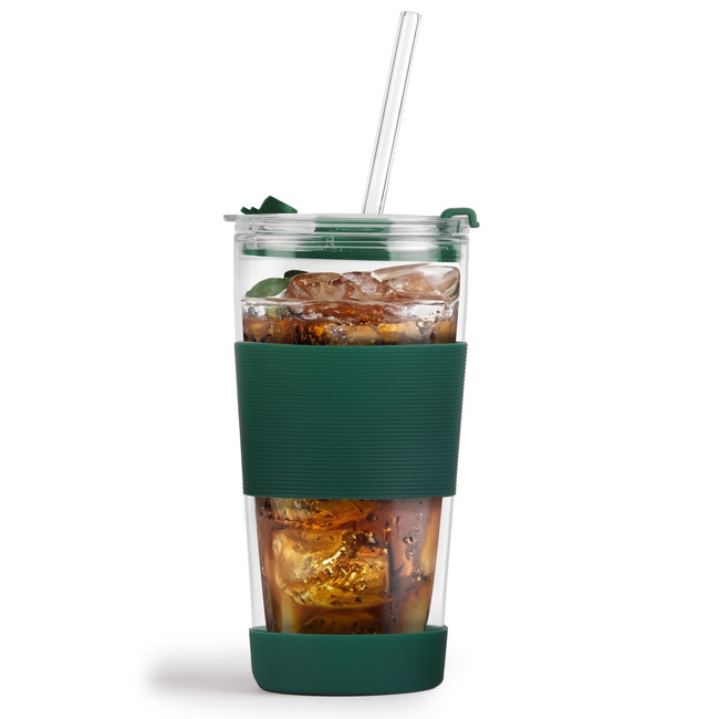 Kubek termiczny szklany ze słomką 600 ml Zielony Fuori 30398 - Vialli Design