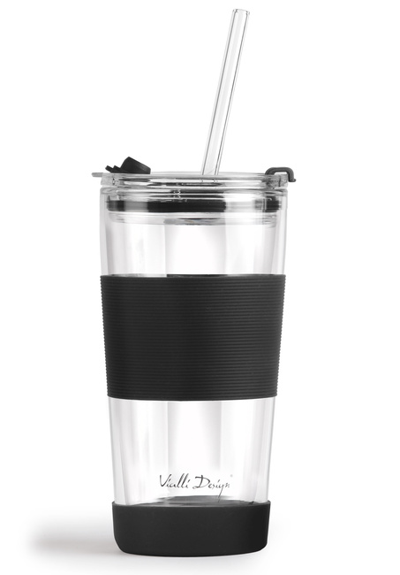 Kubek Termiczny Szklany Ze Słomką 600 Ml Czarny Fuori 30374 - Vialli Design