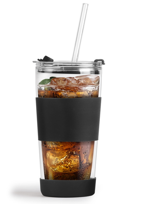 Kubek Termiczny Szklany Ze Słomką 600 Ml Czarny Fuori 30374 - Vialli Design