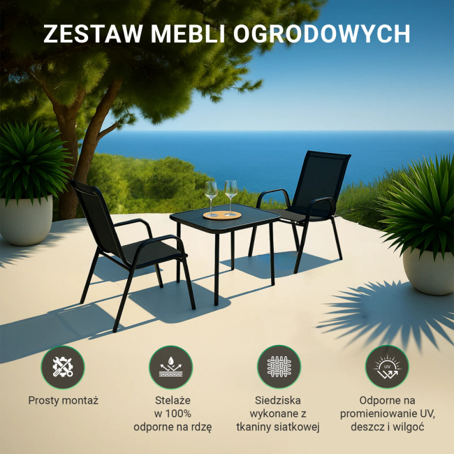 Extralink Black Forest | Klasyczny zestaw mebli ogrodowych | tekstylen dwa krzesła + stolik czarny