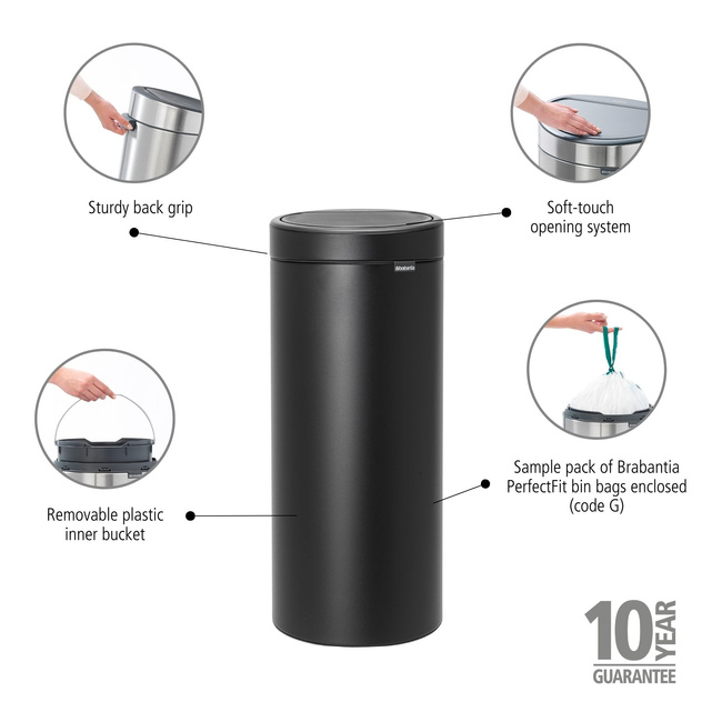 Kosz na śmieci Brabantia Touch Bin New 30 l, Mineral Matt Black