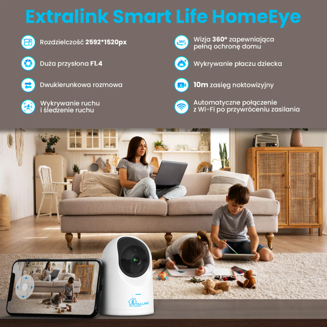 Extralink Smart Life HomeEye | Kamera Ip | Ptz, Wi-Fi, 2.5K, 4Mp, Niania, Tuya