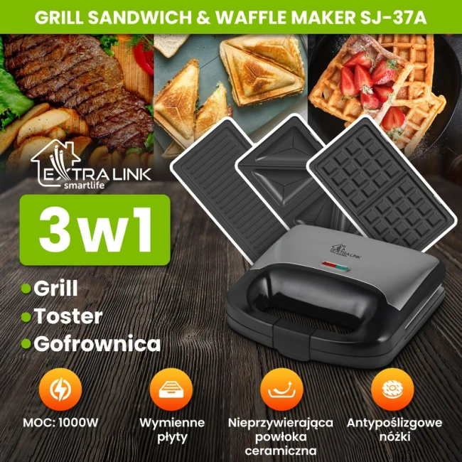Extralink Smart Life Grill Sandwich & Waffle Maker SJ-37A | Grill Toster & Gofrownica | 1000W, Toster z 3 wymiennymi płytami