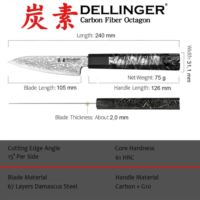 Dellinger Carbon Fiber Octagon Nóż Paring 10.5 cm