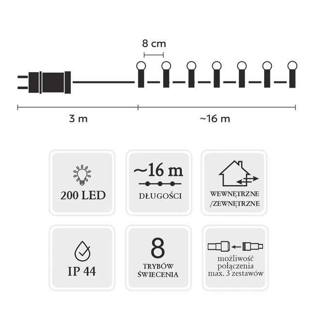 Extralink | Lampki LED | Kulki 200L zimny biały, dł. 3 + 16 m