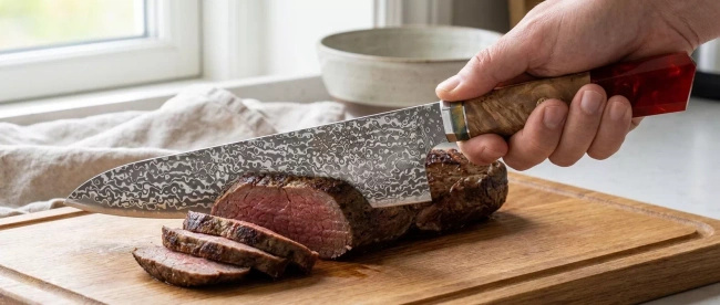 Dan Woo Nóż Kuchenny Santoku ze Stali Damasceńskiej, Ostrze 15.5 cm