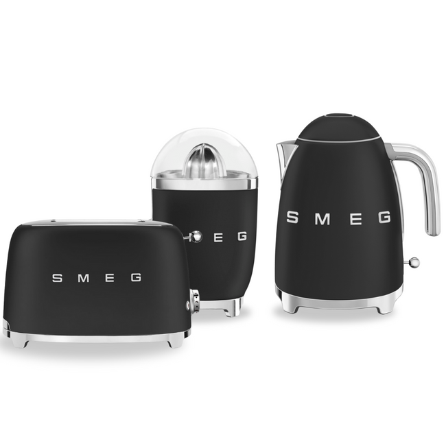 Zestaw Smeg Czajnik + Toster na 2 kromki + Wyciskarka do cytrusów czarny (mat)