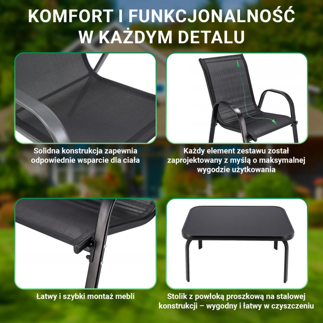 Extralink Black Forest | Klasyczny zestaw mebli ogrodowych | tekstylen dwa krzesła + stolik czarny
