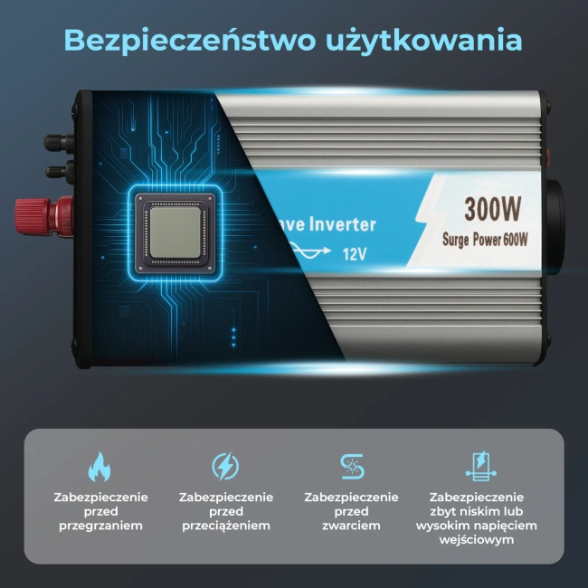 Przetwornica napięcia Extralink OPIP-300W, 12 V na 230 V, czysty sinus, 300 W