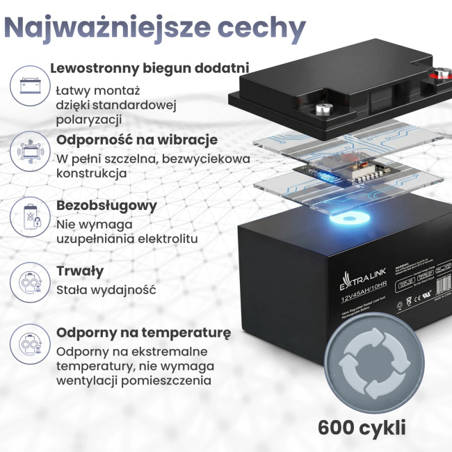 Extralink Agm 12v 45ah | Akumulator | Bezobsługowy