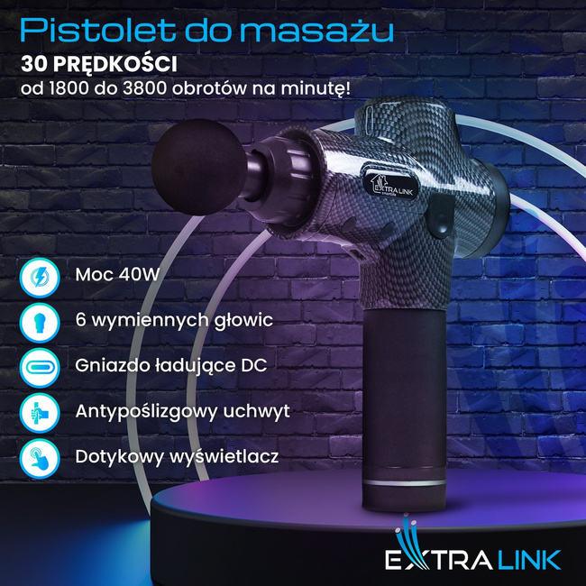 Extralink Massage Gun Pro Pistolet Do Masażu 3800 Rpm, 6 Końcówek Wymiennych