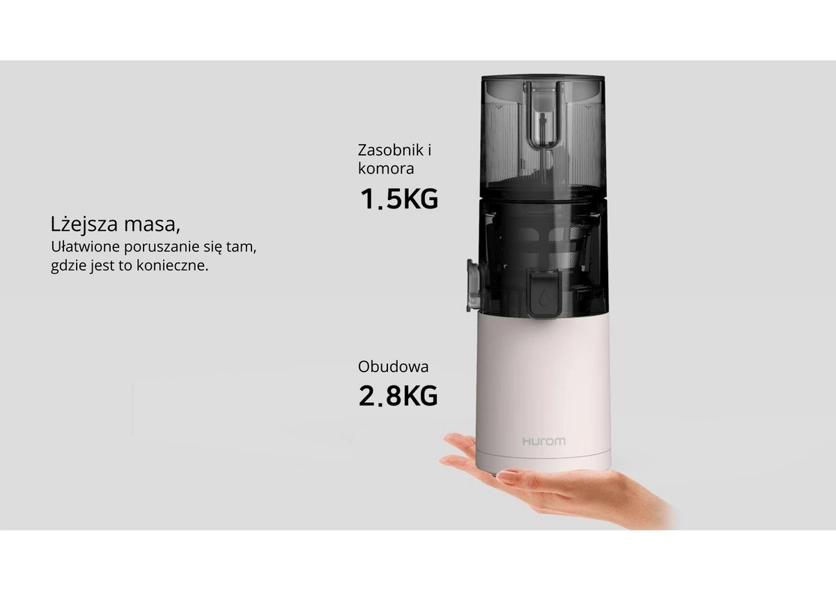 Wyciskarka Hurom E30 ST w kolorze porcelanowego beżu trzymana na dłoni, grafika z masą komory i obudowy