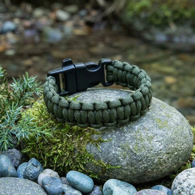 Bransoletka paracord Welde z gwizdkiem, wzór Green Camo, 22 cm