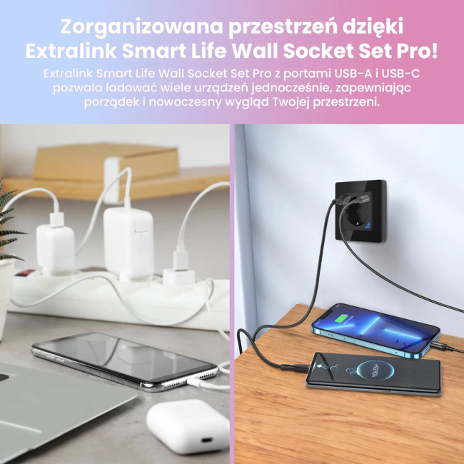 Extralink Smart Life Wall Socket Set Pro | Zestaw inteligentne gniazdko + ramka | Kolor Czarny, 230V, 1x USB A, 1x USB C, WiFi, Tuya