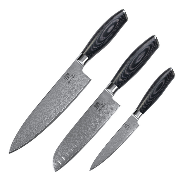 Shiori - 3-Set Kuro Murō + Santoku + Sifu - Zestaw Trzech Noży Ze Stali Damasceńskiej