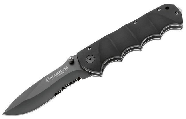 Nóż składany Boker Magnum Black Spear z ząbkowanym ostrzem i zbijakiem do szyb
