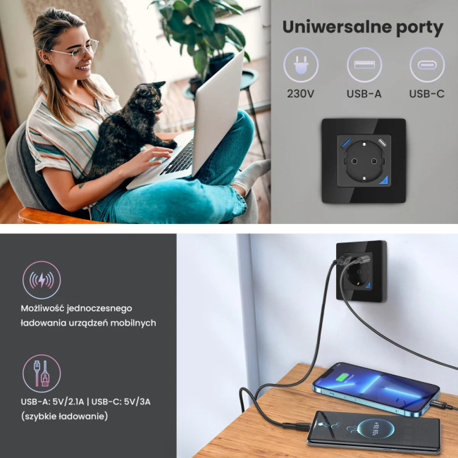Extralink Smart Life Wall Socket Set Pro | Zestaw inteligentne gniazdko + ramka | Kolor Czarny, 230V, 1x USB A, 1x USB C, WiFi, Tuya