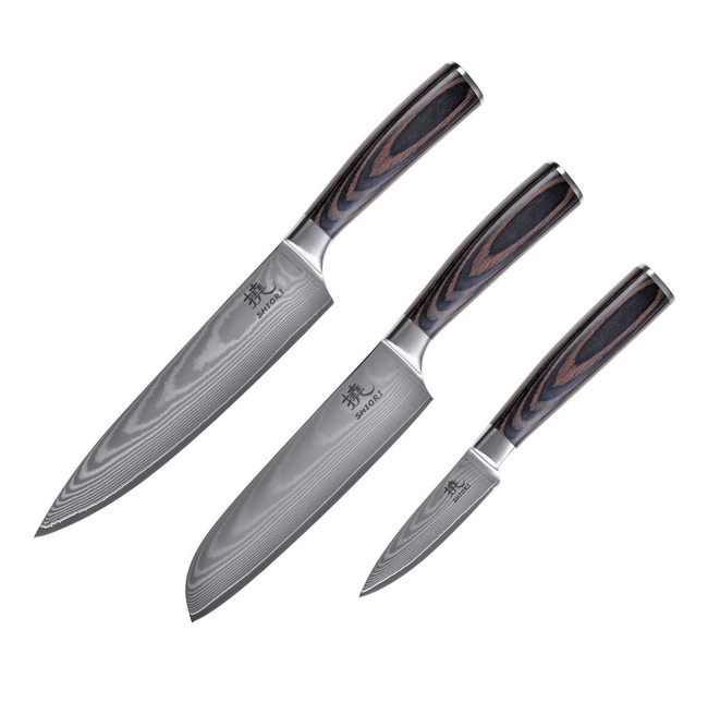 Shiori - 3-Set Chairo Shōto + Santoku + Sifu - zestaw trzech noży ze stali Damasceńskiej