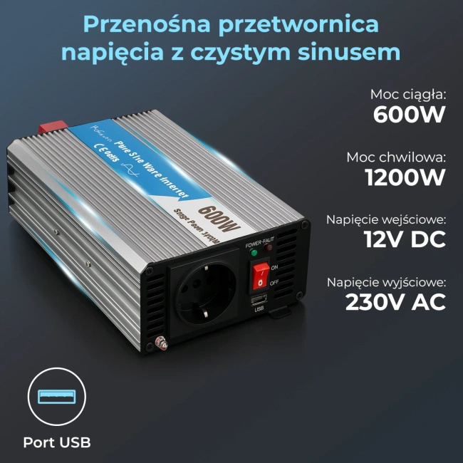 Przetwornica napięcia Extralink OPIP-600W z czystą sinusoidą, 12 V/230 V, 600 W