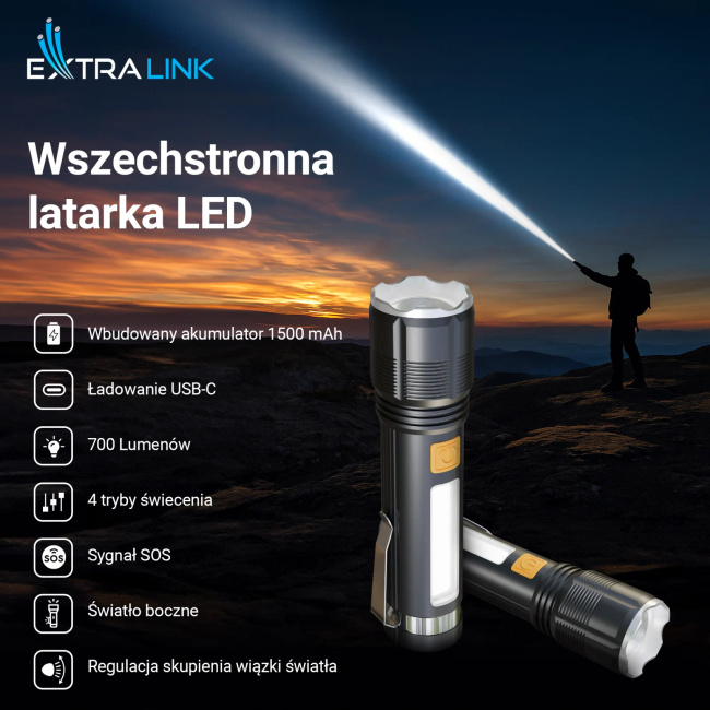 EXTRALINK EFL-1138 Wili Latarka LED 700lm Wbudowany Akumulator Powerbank Outdoor