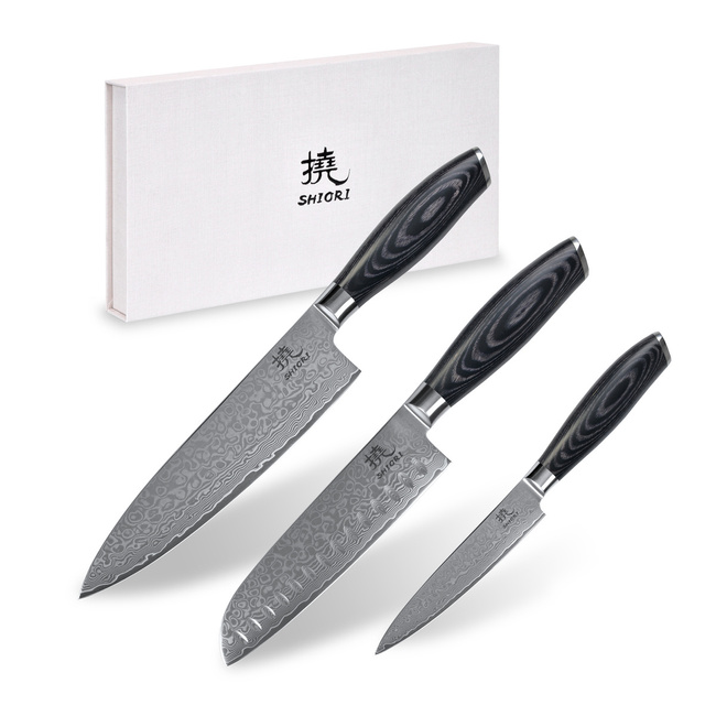 Shiori - 3-Set Kuro Murō + Santoku + Sifu - Zestaw Trzech Noży Ze Stali Damasceńskiej
