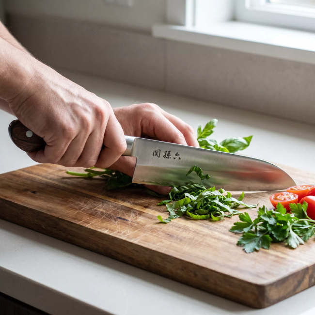Suncraft Clad Nóż Santoku 16.7 cm ze Stali San Mai / AUS10, Rękojeść Pakka Wood