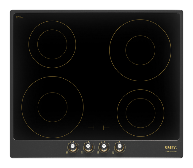 Smeg - Płyta indukcyjna, 60 cm, Cortina, Antra. Cortina Si764Aom Antracyt + Czarne Szkło (Pokrętła w Kolorze Antracytowym, Podkładki w Mosiężnym)