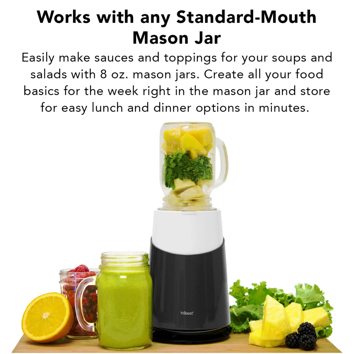 Blender Tribest Personal Blender II ze słoikiem typu Mason założonym na bazę