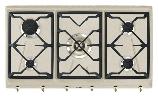 Smeg - Płyta gazowa, 90 cm, Coloniale COLONIALE SRV896AVOGH2 Jasny brąz (pokrętła w kolorze mosiężnym)