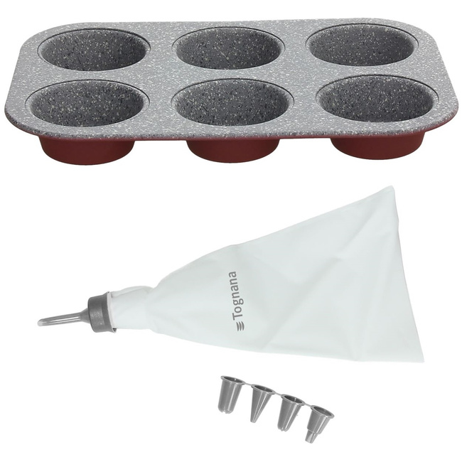 Blacha na 6 muffinów bordowa i rękaw do dekoracji - Tognana - stal węglowa - Tognana