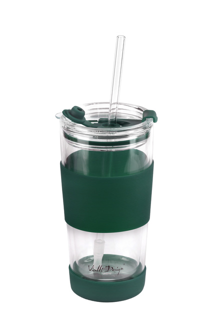 Kubek termiczny szklany ze słomką 600 ml Zielony Fuori 30398 - Vialli Design