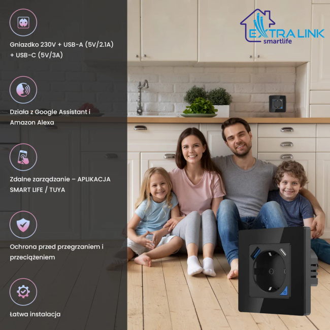 Extralink Smart Life Wall Socket Set Pro | Zestaw inteligentne gniazdko + ramka | Kolor Czarny, 230V, 1x USB A, 1x USB C, WiFi, Tuya