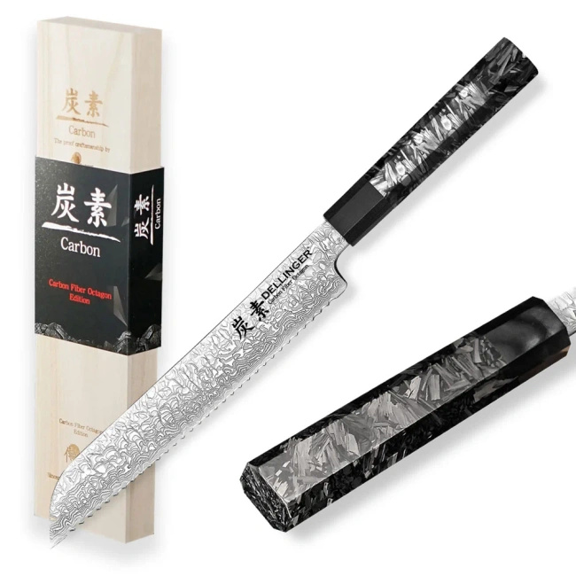 Nóż do pieczywa Dellinger Carbon Fiber Octagon 21,5 cm, stal damasceńska VG-10