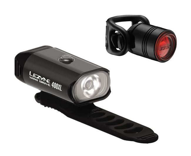 Lampki rowerowe LEZYNE MINI DRIVE 400 przód 400 lumenów, FEMTO DRIVE tył 7 lumenów, USB czarne (NEW 2021)