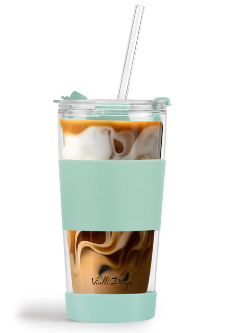 Kubek termiczny szklany ze słomką 600 ml miętowy Fuori 30428 - Vialli Design
