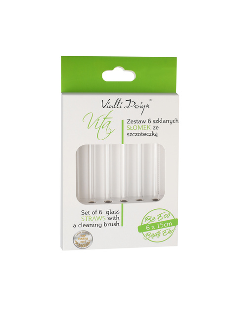 Słomki Szklane Transparent 15cm Zestaw 6 Sztuk Ze Szczoteczką 26582 - Vialli Design