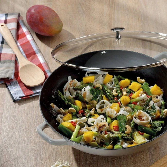 Wok żeliwny 36 cm + pokrywa 4 l jasnoszary Calido - Kela