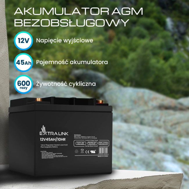 Extralink Agm 12v 45ah | Akumulator | Bezobsługowy