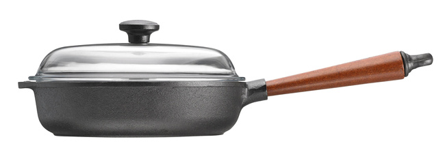 Patelnia sauté żeliwna Skeppshult Traditional 25 cm z bukową rączką i szklaną pokrywką