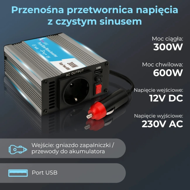 Przetwornica napięcia Extralink OPIP-300W, 12 V na 230 V, czysty sinus, 300 W