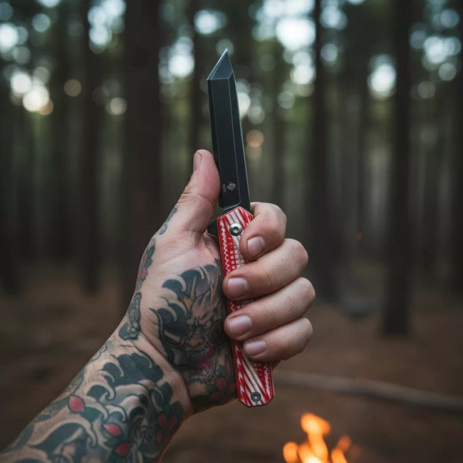 Nóż składany Womsi Wolf Tanto, laminat S90V i 420, ostrze 8 cm, rękojeść G10 czerwono-biała