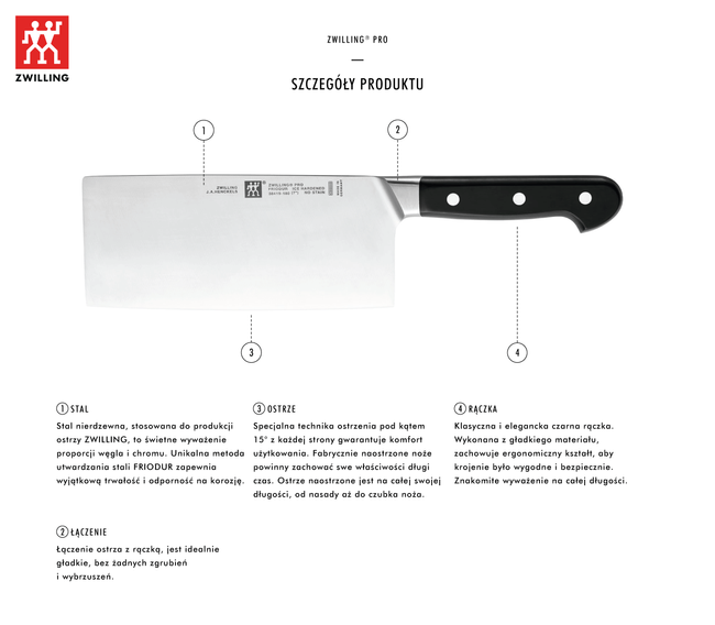 Tasak chiński ZWILLING Pro 18 cm, szerokie ostrze ze stali FRIODUR