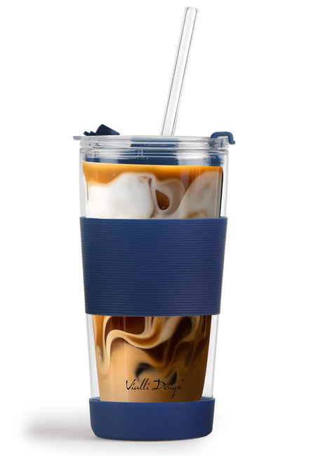 Kubek Termiczny Szklany Ze Słomką 600 Ml Granatowy Fuori 30381 - Vialli Design