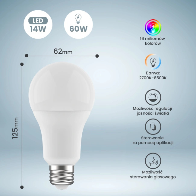 Żarówka LED Extralink Smartlife E27 A70, Wi-Fi, barwa od 2700 do 6500 K, 1055 lm