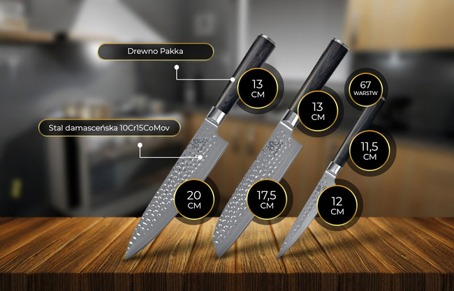 Shiori - 3-Set Kuri Murō + Santoku + Sifu - zestaw trzech noży ze stali Damasceńskiej