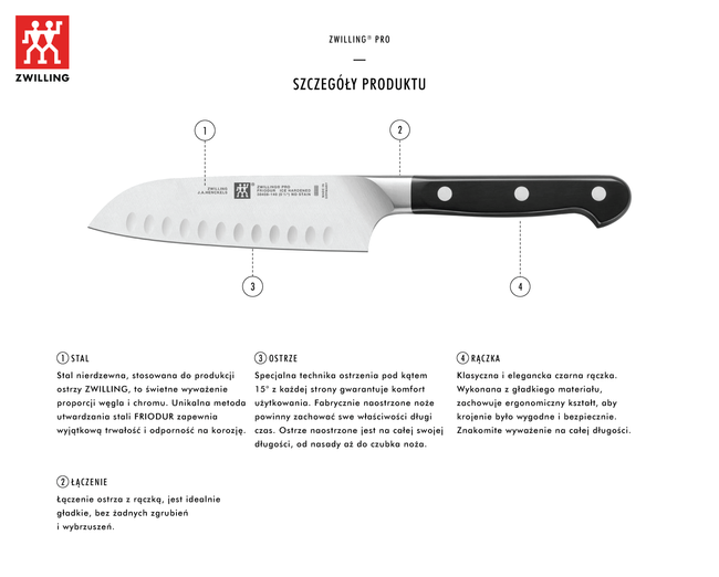 Nóż santoku ZWILLING Pro z rowkami 18 cm, stal FRIODUR, rękojeść z 3 nitami