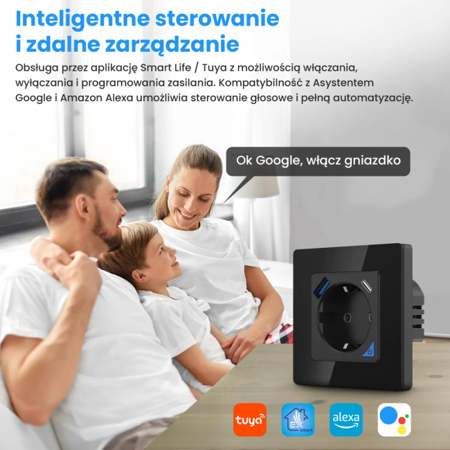 Extralink Smart Life Wall Socket Set Pro | Zestaw inteligentne gniazdko + ramka | Kolor Czarny, 230V, 1x USB A, 1x USB C, WiFi, Tuya