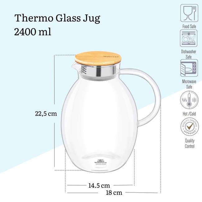Dzbanek szklany do napojów 2,4 l Oval pokrywa bambusowa - Wilmax