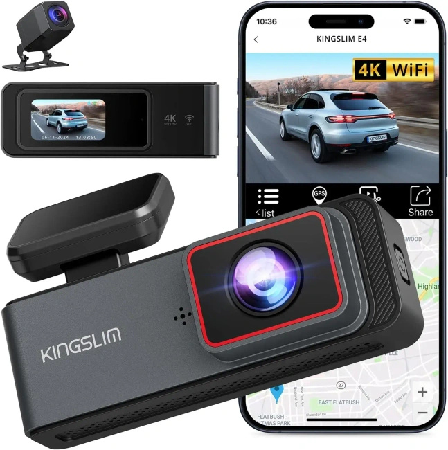 Wideorejestrator Kingslim E4 Dash Camera, 4K z przodu i 1080P z tyłu, Wi-Fi